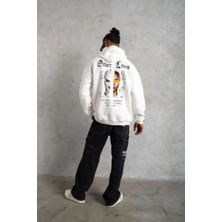 Erkek Kapüşonlu Kanguru Cepli Sweatshirt 3 Iplik Pamuklu Baskılı Hoodie - Beyaz