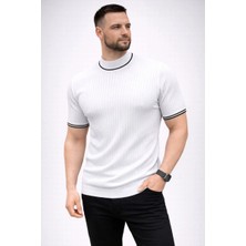 Erkek Fitilli Triko Dokuma Kısa Kol Tişört Yarım Boğaz Modern Yazlık T-Shirt - Beyaz