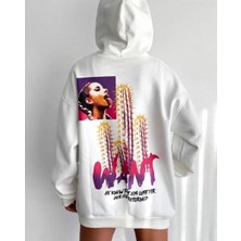Kadın Oversize Kapüşonlu Cepli Want Baskılı 3 Iplik Pamuklu Hoodie Sweatshirt - Beyaz