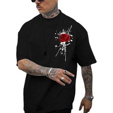 Erkek Kısa Kol Yazlık Tişört Bisiklet Yaka Gül Baskılı T-Shirt - Siyah
