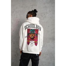 Erkek 3 Iplik Pamuklu Kapüşonlu Baskılı Cepli Oversize Sweatshirt Hoodie - Beyaz