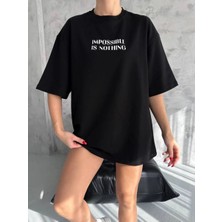 Kadın Bisiklet Yaka Baskılı Oversize  Kısa Kol T-Shirt - Siyah