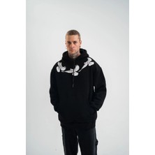 Erkek 3 Iplik Pamuklu Kapüşonlu Baskılı Cepli Oversize Sweatshirt Hoodie - Siyah