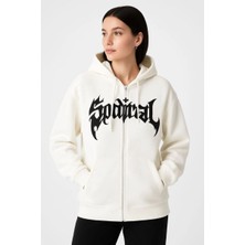 Kadın Kapüşonlu 3 Iplik Pamuklu Önü Baskılı Fermuarlı Oversize Hoodie Sweatshirt - Beyaz