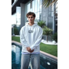 Erkek Kapüşonlu Kanguru Cepli Sweatshirt 3 Iplik Pamuklu Baskılı Hoodie - Beyaz