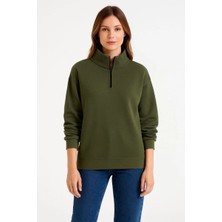 Kadın 3 Iplik Dık Yaka Yarım Fermuarlı Sweatshirt - Haki