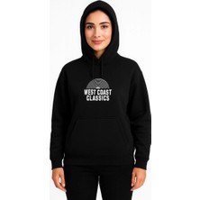 Kadın Oversize Kapüşonlu Cepli Baskılı 3 Iplik Pamuklu Hoodie Sweatshirt - Siyah