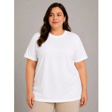 Kadın Battal Big Size Basic Tişört Bisiklet Yaka Rahat Kalıp T-Shirt - Beyaz