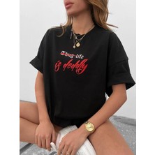 Kadın Bisiklet Yaka Baskılı Oversize  Kısa Kol T-Shirt - Siyah