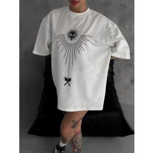 Kadın Bisiklet Yaka Baskılı Oversize  Kısa Kol T-Shirt - Beyaz