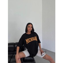 Kadın Baskılı T-Shirt Kısa Kol Bisiklet Yaka Oversize Tişört - Siyah