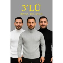 Erkek Fitilli Kazak Tam Boğazlı Balıkçı Yaka Triko 3'lü Set Beyaz-Gri-Siyah
