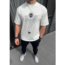 Erkek Kısa Kol Tişört Bisiklet Yaka Gül Baskılı Oversize T-Shirt - Beyaz