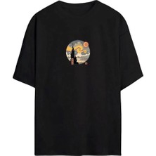 Kadın Baskılı T-Shirt Kısa Kol Bisiklet Yaka Oversize Rahat Kalıp Tişört - Siyah