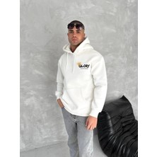 Erkek Kapüşonlu Kanguru Cepli Sweatshirt 3 Iplik Pamuklu Baskılı Hoodie - Beyaz