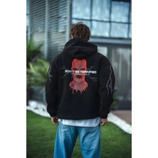 Erkek Kapüşonlu Kanguru Cepli Sweatshirt 3 Iplik Pamuklu Baskılı Hoodie -  Siyah