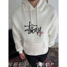 Erkek Üç Iplik Kapşonlu Baskılı Sweatshirt - Beyaz