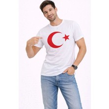 Erkek T-Shirt Kısa Kol Bisiklet Yaka Ay Yıldız Bayrak Baskılı Tişört - Beyaz