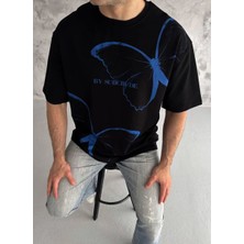 Erkek Kısa Kol Yazlık Tişört Bisiklet Yaka Baskılı Oversize T-Shirt - Siyah
