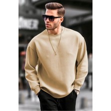 Erkek Düz Bisiklet Yaka 3 Iplik Pamuklu Sweatshirt - Bej