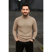 Erkek Tam Boğazlı Balıkçı Yaka Triko Kazak Kalın Fitilli - Bej