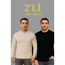 Erkek Fitilli Triko Kazak 2’li Set Bej Beyaz Kalın Dokuma Pamuklu Regular Fit Bisiklet