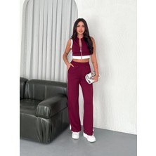 Kadın Osy Modal Yumuşak Dokulu Kumaş Tam Fermuarlı Crop Pantolon Ikili Takım - Bordo
