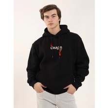 Erkek 3 Iplik Pamuklu Kapüşonlu Baskılı Cepli Oversize Sweatshirt Hoodie - Siyah