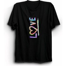 14 Şubat Sevgililer Günü Love Baskılı Oversize Bisiklet Yaka T-Shirt - Siyah