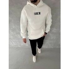 Erkek Kapüşonlu Kanguru Cepli Sweatshirt 3 Iplik Pamuklu Baskılı Hoodie -  Beyaz
