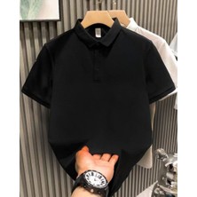 Erkek Polo Yaka Tişört Düğmeli Pike Düz T-Shirt - Siyah