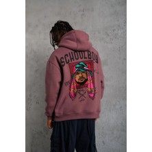 Erkek 3 Iplik Pamuklu Kapüşonlu Baskılı Cepli Oversize Sweatshirt Hoodie - Gül Kurusu