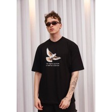 Erkek Kısa Kol Yazlık Tişört Bisiklet Yaka Baskılı Oversize T-Shirt - Siyah