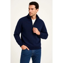 Erkek Dik Yaka Sweatshirt Dik Yaka Yarım Fermuarlı 3 Iplik Pamuk Kumaş - Lacivert