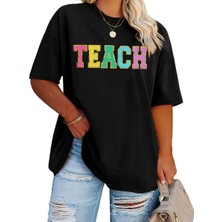 Kadın Baskılı T-Shirt Kısa Kol Bisiklet Yaka Oversize Rahat Kalıp Tişört - Siyah