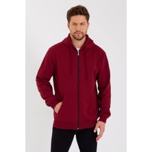 Erkek 3 Iplik Pamuklu Tam Fermuarlı Kapüşonlu Kanguru Cepli Düz Hoodie Sweatshirt - Bordo