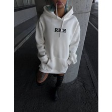 Kadın Kapüşonlu Kanguru Cepli Sweatshirt 3 Iplik Pamuklu Baskılı Hoodie - Beyaz