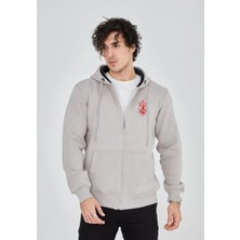 Erkek 3 Iplik Pamuklu Kapüşonlu Tam Fermuarlı Cepli Hoodie Sweatshirt - Boyalı Gri