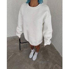 Kadın Bisiklet Yaka 3 Iplik Pamuklu Basic Sweatshirt - Beyaz