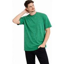 Erkek Asit Yıkama Bisiklet Yaka Kısa Kollu Oversize T-Shirt Tişört - Yeşil