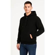 Erkek Kapüşonlu Hoodie Cepli Çıtçıtlı 3 Iplik Pamuklu Sweatshirt - Siyah