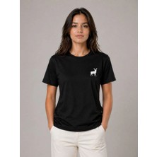 Kadın Minimal Geyik Logolu Tişört Bisiklet Yaka Kısa Kol Yazlık T-Shirt - Siyah