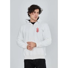 Erkek 3 Iplik Pamuklu Kapüşonlu Tam Fermuarlı Cepli Hoodie Sweatshirt - Beyaz