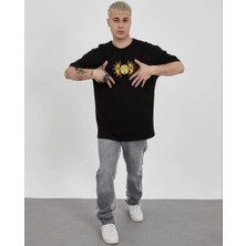 Erkek Kısa Kol Yazlık Tişört Bisiklet Yaka Baskılı Oversize T-Shirt - Siyah