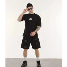 Erkek Kısa Kol Yazlık Tişört Bisiklet Yaka Baskılı Oversize T-Shirt - Siyah