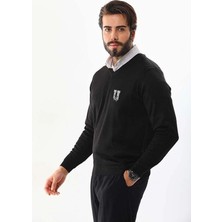 Erkek V Yaka Kazak Baskılı Dokuma Triko - Siyah