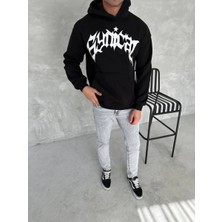 Erkek 3 Iplik Pamuklu Kapüşonlu Baskılı Cepli Oversize Sweatshirt Hoodie - Siyah