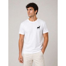 Erkek Minimal Geyik Logolu Tişört Bisiklet Yaka Kısa Kol Yazlık T-Shirt - Beyaz
