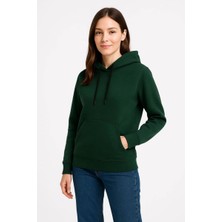 Kadın 3 Iplik Pamuklu Kapüşonlu Kanguru Cepli Sweatshirt Hoodie - Haki