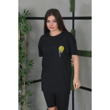 Kadın Bisiklet Yaka Baskılı  Kısa Kol Oversize T-Shirt - Siyah